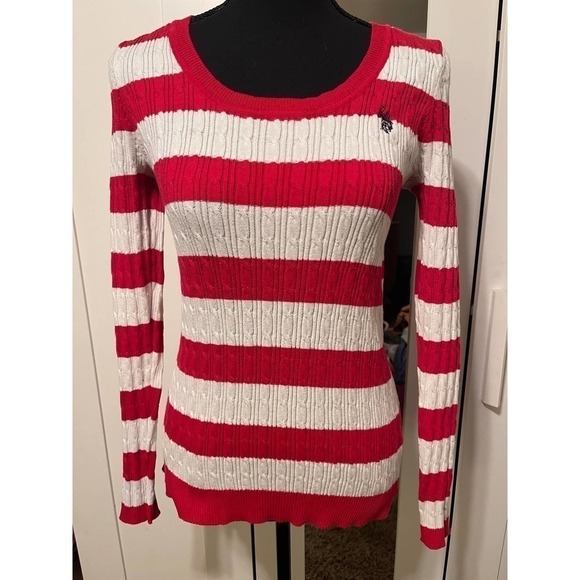 U.s. Polo Assn. Women’s Scoop Neck Strip Knit Pullover Sweater Size M Red/White - Picture 1 of 7